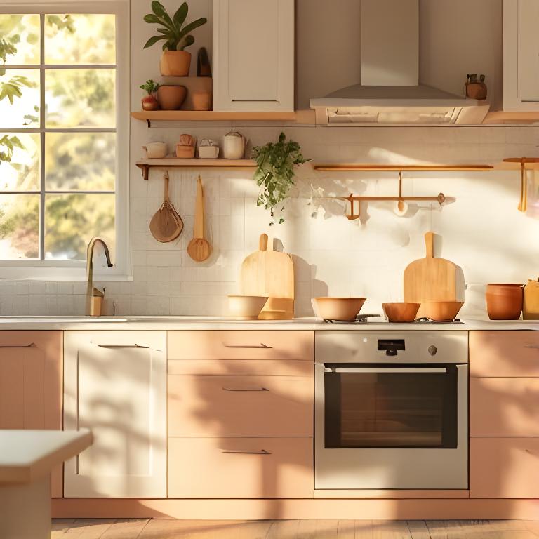 Cocina familiar con revestimiento cerámico en tonos cálidos, mesada clara y luz natural entrando por una ventana