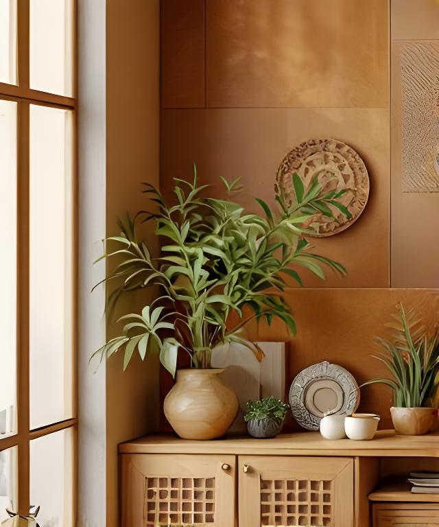 Rincón decorativo con cerámicos de diseño, plantas y objetos artesanales sobre una pared cálida