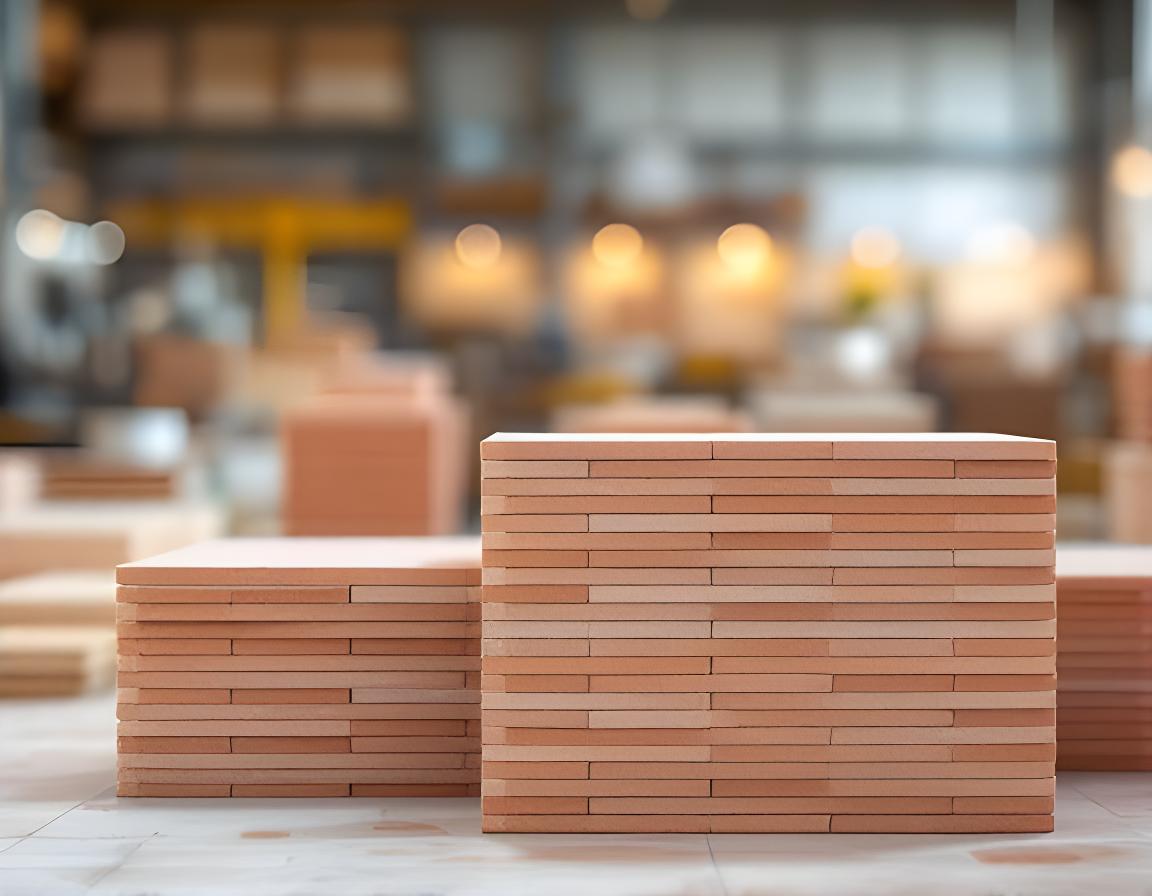 Placas cerámicas apiladas en un taller luminoso con textura mate y bordes prolijos