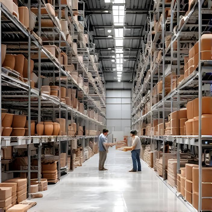 Taller cerámico con estanterías de piezas secándose y operarios organizando lotes en una nave industrial