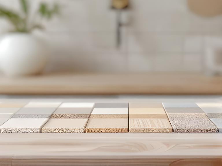 Muestras de texturas cerámicas alineadas sobre una mesa de madera clara bajo luz natural