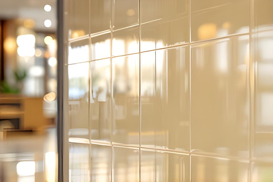 Revestimiento cerámico brillante en pared de showroom con reflejos suaves y juntas prolijas