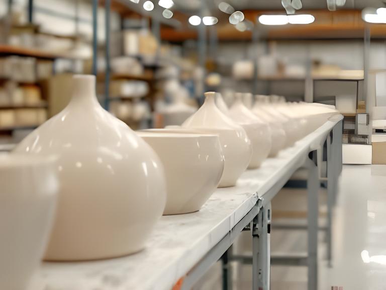 Fila de piezas cerámicas recién terminadas sobre estanterías industriales en un taller prolijo