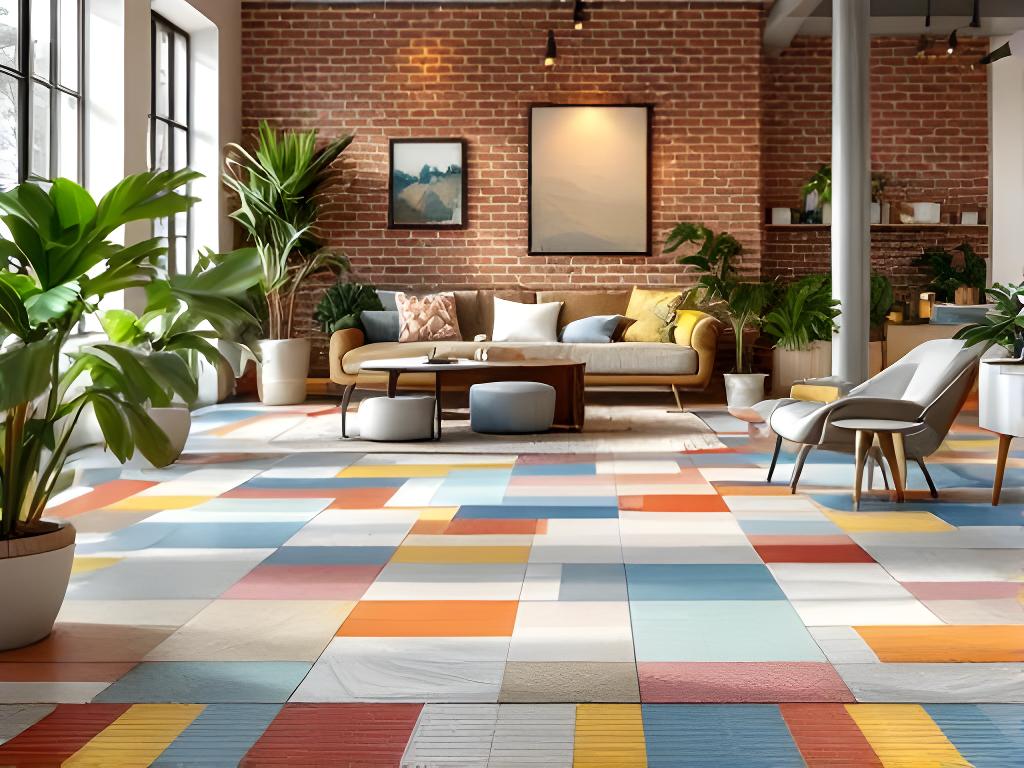 Sala moderna con pisos de cerámica colorida y pared de ladrillo a la vista, iluminada con luz natural
