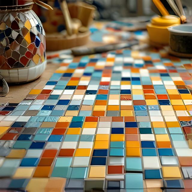 Mosaicos decorativos multicolor dispuestos sobre una mesa de trabajo en un taller cerámico